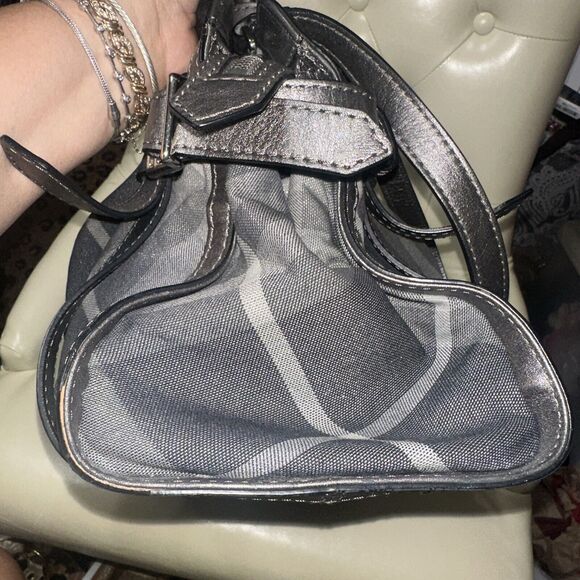Authentic Burberry Gray Beat Check Shimmer Metallic Leather Crossbody Handbag - Picture 10 of 14